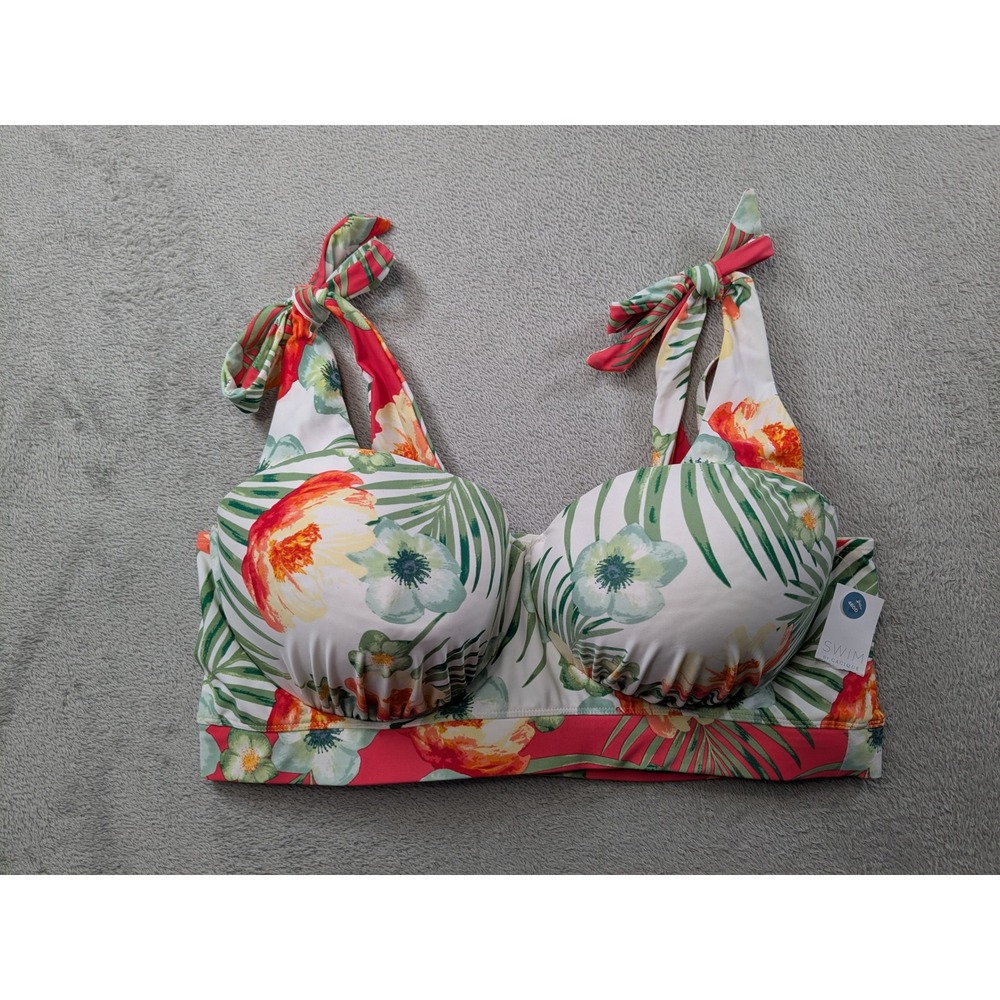 Cacique Swim Floral Underwire Bikini Top 46DD White Pink Tropical Tie Strap NEW